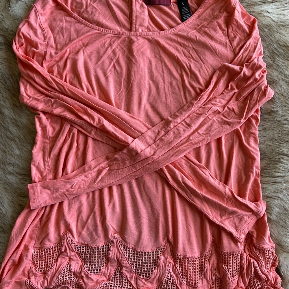 Pretty Coral Lace Bottom BKE Long Sleeve Top